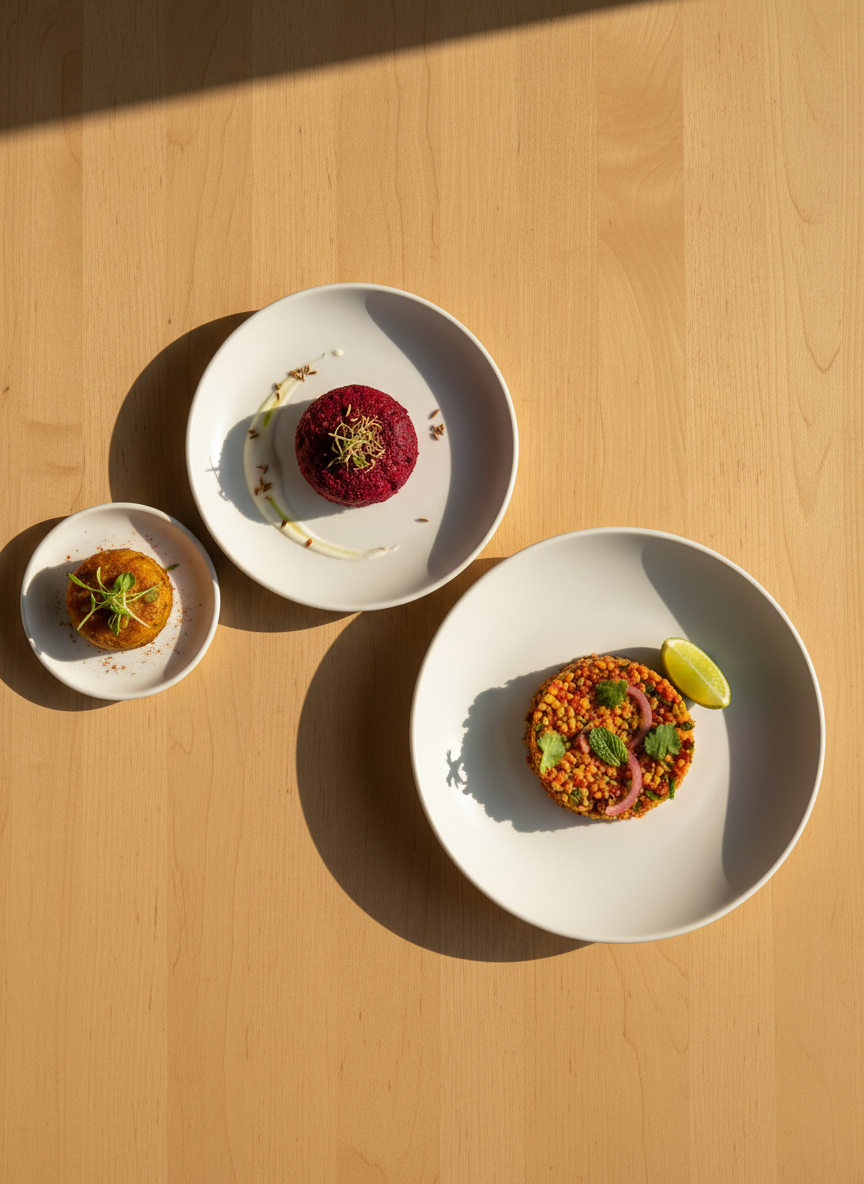 An elegant overhead composition of an Indian vegan tasting menu arranged on minimalist white porcelain plates of varying sizes, each featuring a single, artfully plated bite: a tiny masala-spiced potato cake with microgreens, a delicate beetroot tikki with coconut drizzle, and a small portion of vibrant lentil salad. The plates are spaced with precise negative space on a warm, light wood table. Diffused, golden hour natural light washes across the scene, creating soft, elongated shadows and gentle specular highlights on glossy sauces. The mood is refined and curated, with a clean, contemporary photographic style. The crisp top-down view emphasizes geometry, balance, and color contrast, ideal for showcasing the sophistication of plant-based Indian catering.
