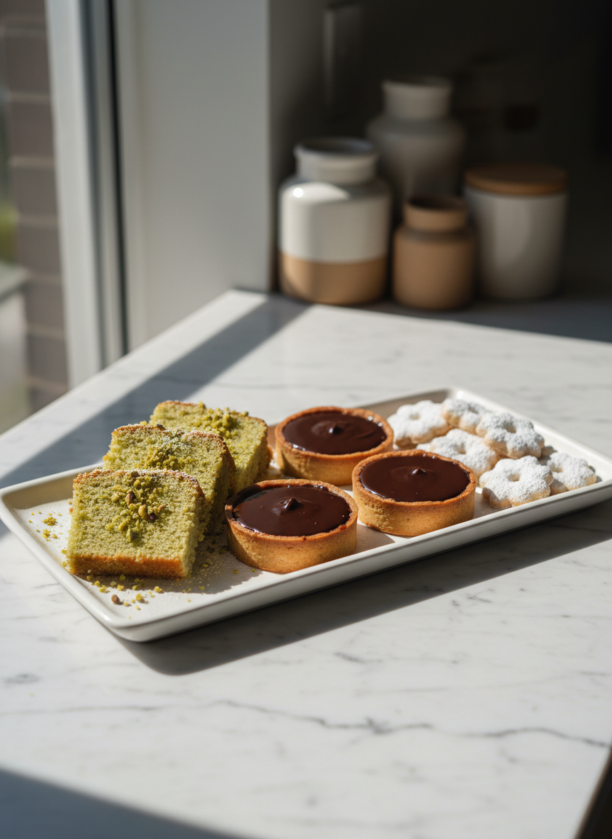 A refined dessert scene featuring an array of Indian fusion bakes: neatly sliced cardamom-infused sponge cake with pistachio crumbs, glossy chai-spiced vegan chocolate tarts in sable shells, and delicate rosewater almond cookies lightly dusted with powdered sugar. The sweets are arranged on a rectangular, matte white platter placed on a pale marble countertop with soft grey veins. Natural window light streams in from the left, creating crisp but gentle highlights on the chocolate glaze and subtle shadows that emphasize form. A blurred background of neutral-toned ceramic jars adds depth without distraction. Captured at eye level with a slightly forward focus and shallow depth of field, the image feels luxurious, modern, and meticulously crafted in photographic realism, perfect for highlighting the bakery’s signature bakes.