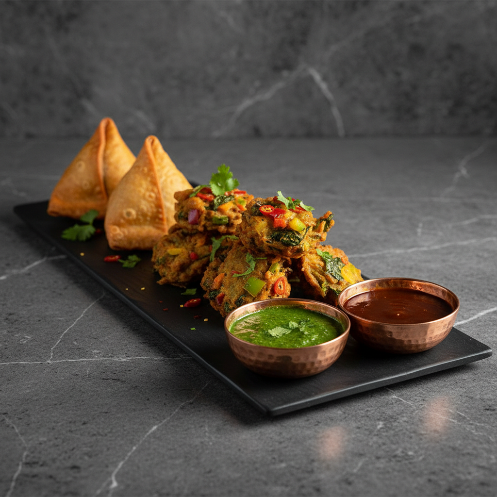 A meticulously arranged platter of Indian artisan street food displayed on a long, matte black ceramic serving board. Delicate, golden-brown samosas with crisp, blistered pastry sit beside neatly stacked, jewel-toned vegetable pakoras and small copper bowls of vibrant chutneys in emerald green and deep tamarind brown. The board rests on a smooth, dark stone tabletop with subtle veining. Soft, indirect natural light from the side creates refined highlights on the flaky crusts and gentle shadows beneath each item. Shot at a slightly elevated, three-quarter angle with a shallow depth of field, the foreground in sharp photographic realism and the background softly blurred, conveying a sophisticated, modern, and inviting mood perfect for a homepage hero image.