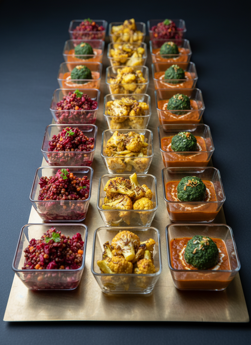 A sophisticated catering spread tailored for an intimate event, featuring an orderly row of small, square glass bowls filled with vibrant Indian vegan dishes: jewel-bright beet and lentil salad, turmeric-yellow cauliflower florets, and emerald spinach kofta in a silky tomato sauce. The bowls sit on a long, brushed brass runner atop a deep charcoal table, creating a rich contrast. Cool, diffused studio lighting from both sides ensures even illumination, bringing out the saturated colors and glistening textures without harsh reflections. The composition is linear and symmetrical, shot from a low, eye-level perspective that creates a sense of abundance and elegance. The photographic style is clean and modern, conveying professionalism and premium catering service.