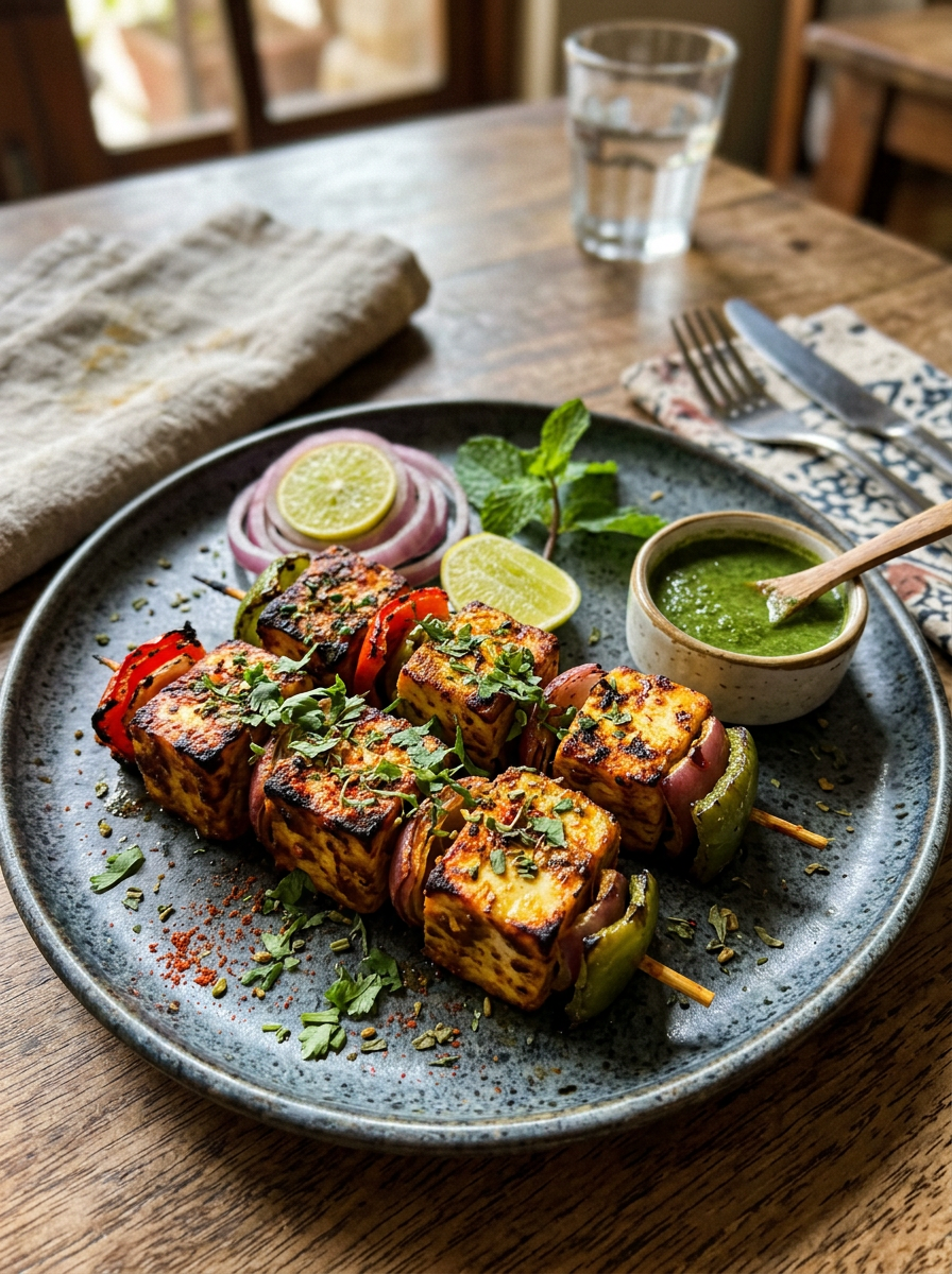 Grilled paneer and vegetable skewers with sliced lime, mint, red onion, and green chutney