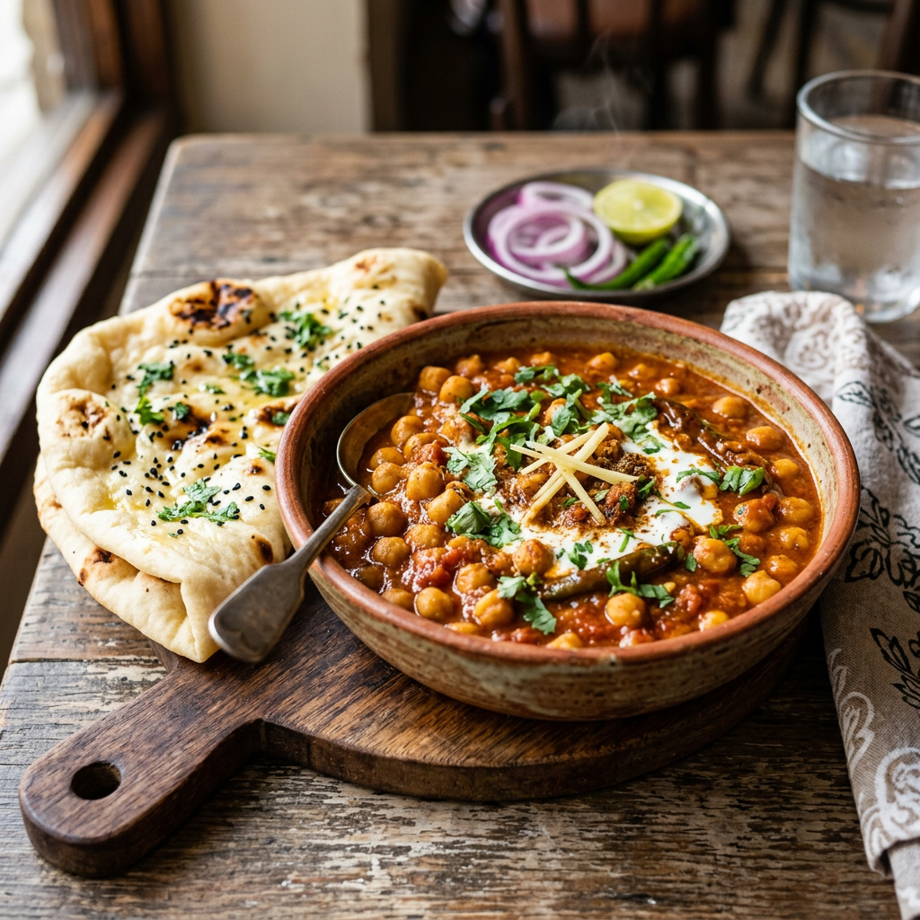 Bowl of chickpea curry garnished with herbs and ginger, served with naan bread