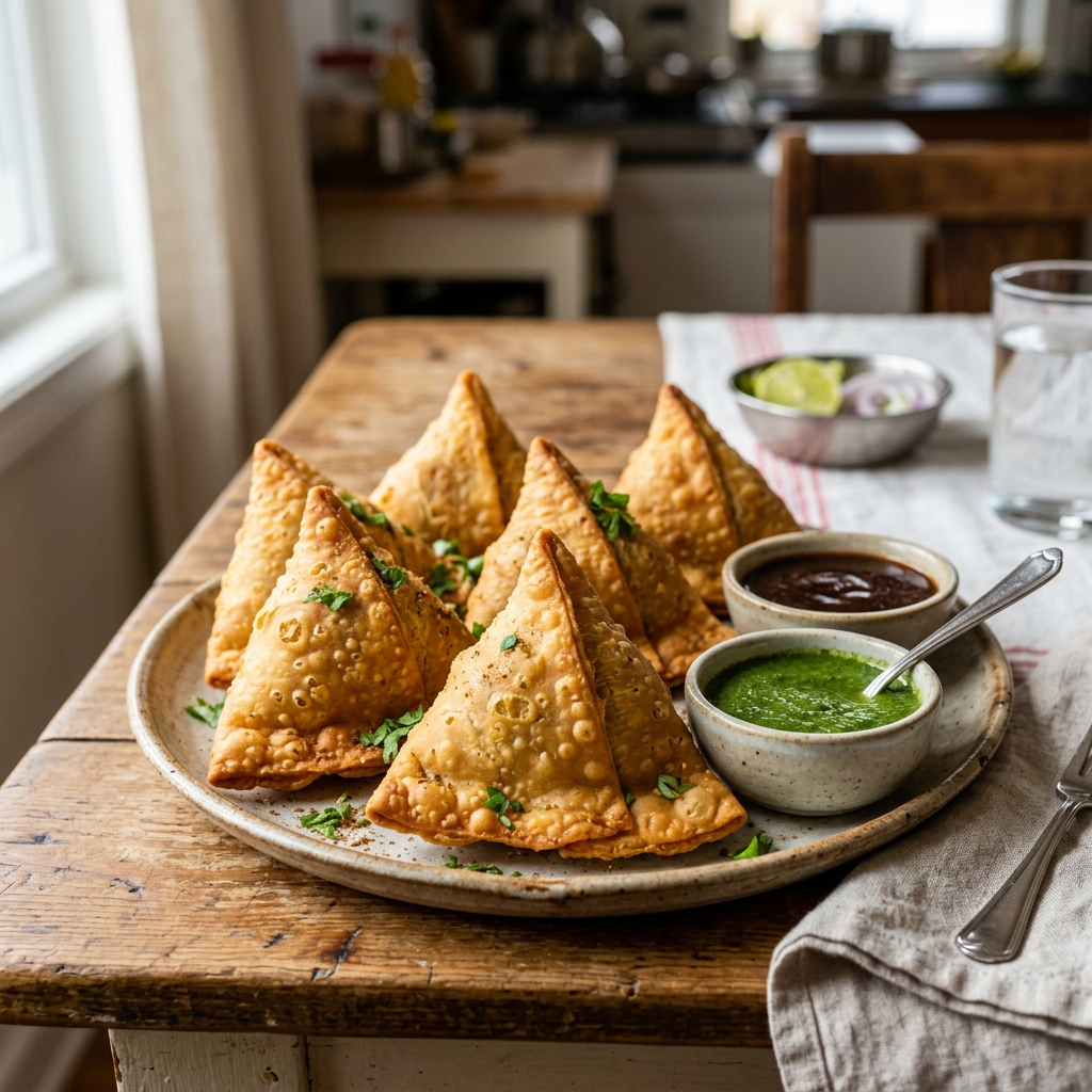 Golden crispy samosas garnished with cilantro on a plate with green and brown chutneys