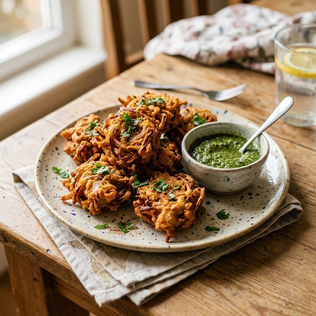 Plate of crispy Indian pakoras garnished with cilantro beside a bowl of green chutney