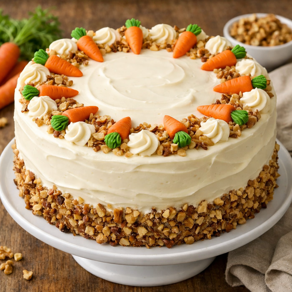 Round carrot cake with cream cheese frosting, decorated with mini carrot candies and chopped walnuts