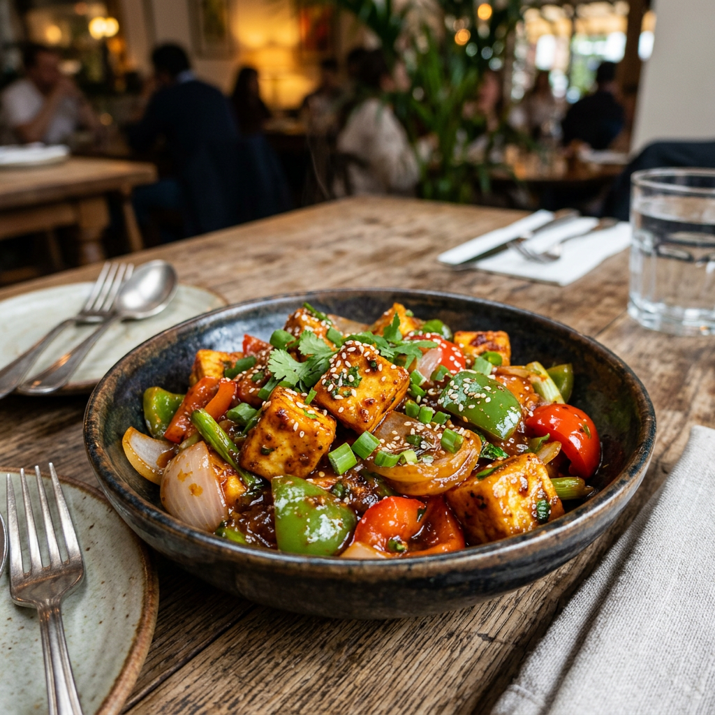 Bowl of spicy tofu stir-fry with bell peppers, onions, and sesame seeds