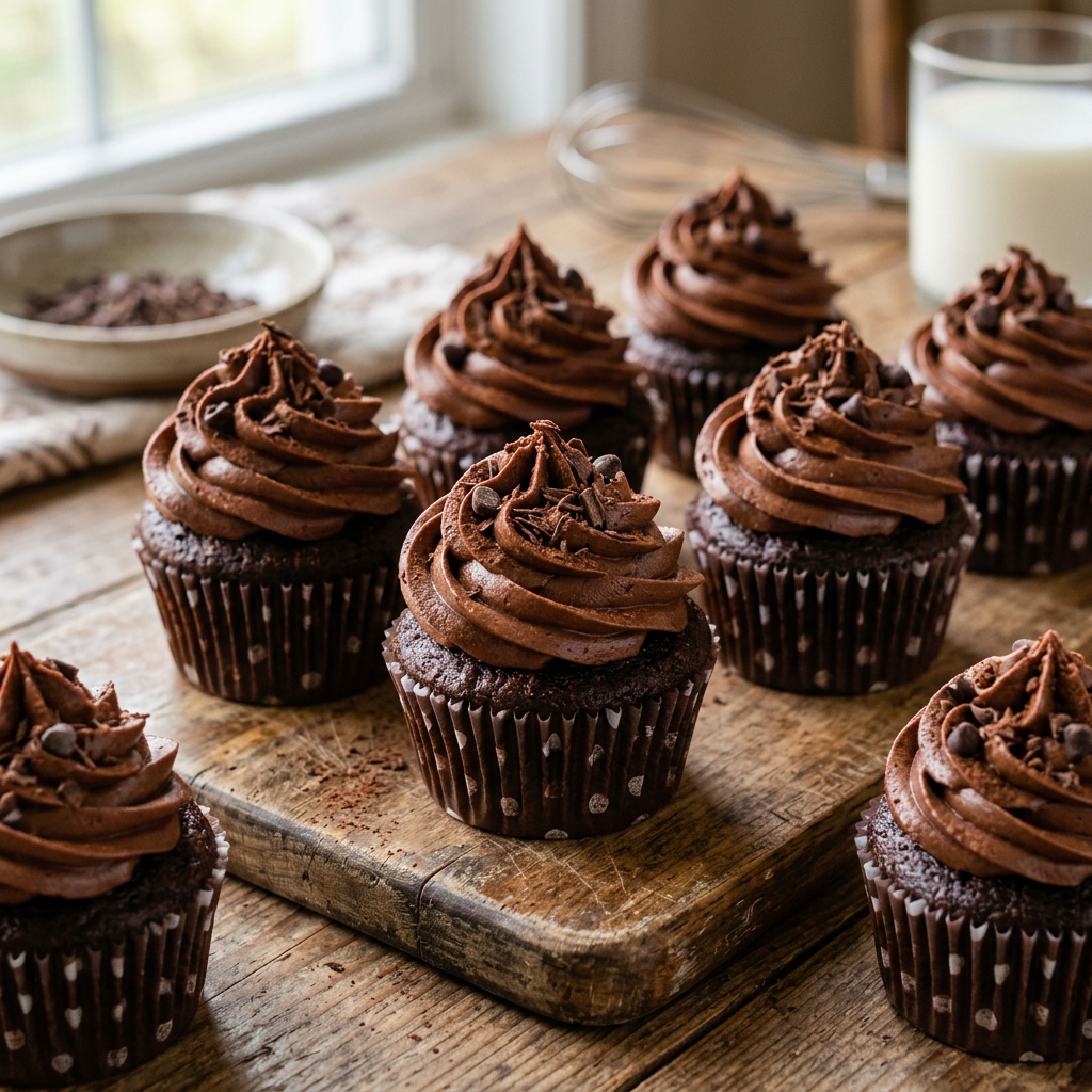 Chocolate cupcakes with swirled chocolate frosting and chocolate chips on wooden surface