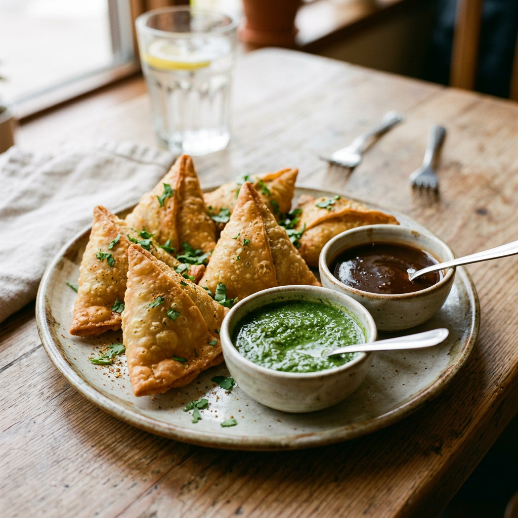Plate of crispy triangular samosas garnished with herbs alongside green and brown chutney bowls