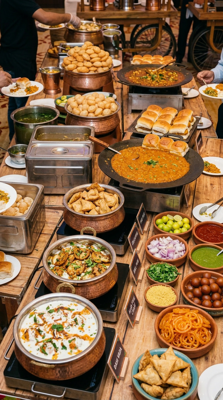 People serving and enjoying Indian street food at a corporate gathering food festival with stalls for chai, chaat, pav bhaji, vada pav, pani puri, and kati rolls